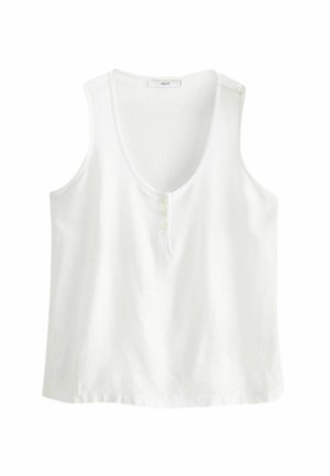 Débardeur blanc sans manches avec un col dégagé profond et trois petits boutons sur le devant, design simple et tissu doux.