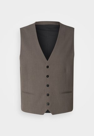 Pruun vest V-kaelusega, kuus musta nööpi, kaks esimest taskut ja sile tekstuur; kaelusel paistab vooder.