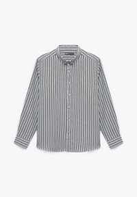 Grau gestreiftes Langarmshirt mit Hemdkragen, ausgestattet mit weißen vertikalen Streifen und einer Knopfleiste auf der Vorderseite. Weicher, strukturierter Stoff.