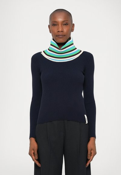 Navy ribbed turtleneck sweater with multicolored striped high collar. Features fitted sleeves and a small tag at the hem. Textured fabric.