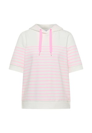 Sweat à capuche blanc à manches courtes avec des rayures horizontales rose clair et des cordons roses sur la capuche.