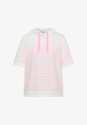 Biała bluza z krótkim rękawem z jasnoróżowymi, poziomymi paskami i różowymi sznurkami przy kapturze.