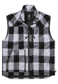 Crni i bijeli karirani podstavljeni prsluk s visokim ovratnikom, zatvaranjem na patentni zatvarač, dva prednja džepa i sivo oblaganje. Izrađen od quilted tkanine.