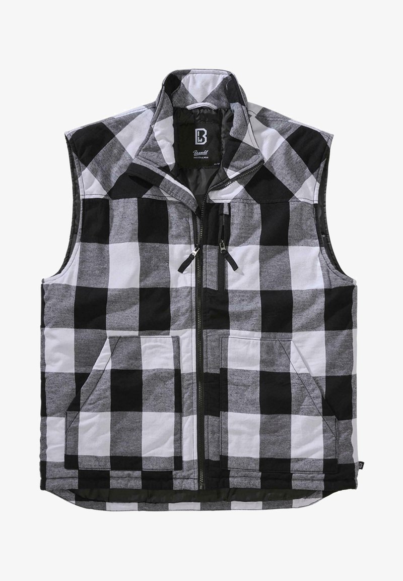 Svart og hvit rutete polstret vest med høy krage, glidelås foran, to frontlommer og grå foring. Laget av quiltet stoff.