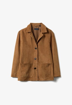 Brown suede jacket with a collar, front pockets, and button closure. Smooth texture and tailored fit, minimalistic design.
