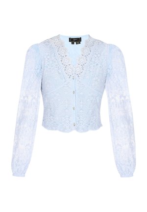 Hellbluse aus Spitze mit langen, durchsichtigen Ärmeln, V-Ausschnitt mit Spitzenbesatz, Knopfverschluss und gewelltem Saum. Filigrane Blumenmuster sind sichtbar.