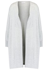 Ljust grå cardigan gjord av mjukt stickat material, öppen framsida, ärm som når till armbågen och en avslappnad, oversized silhuett.
