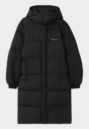 Black puffer coat with a hood, featuring a quilted design and elastic cuffs. The front includes side pockets and a small logo detail.