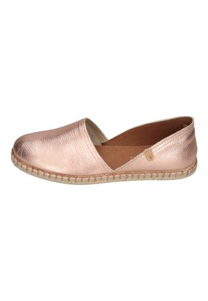 Metallic rosa-farbene Leder-Espadrille zum Hineinschlüpfen mit natürlicher Jutesohle und sichtbarer Naht, entworfen für den Freizeitgebrauch.