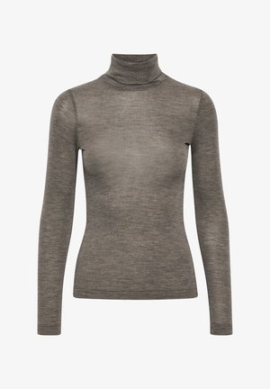 Grauer Rollkragenpullover mit langen Ärmeln, aus strukturiertem Stoff gefertigt, mit einer figurschmeichelnden Passform und subtilen tonalen Muster, sowie einem enganliegenden hohen Kragen.