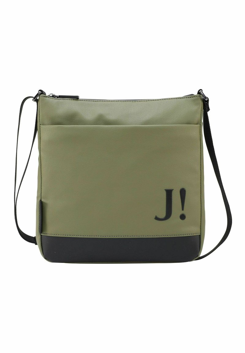 Borsa a tracolla verde in tessuto con dettagli neri, dotata di chiusura con zip e tasca frontale. Logo "J!" stampato sul davanti.