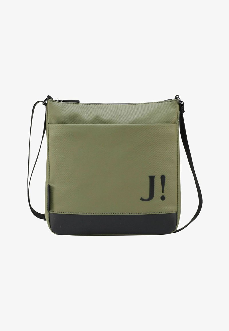 Borsa a tracolla verde in tessuto con dettagli neri, dotata di chiusura con zip e tasca frontale. Logo "J!" stampato sul davanti.