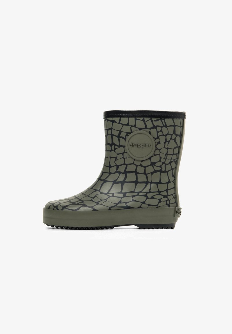 Green rubber rain boot with a textured black crocodile skin pattern, black trim at the top, and a round logo on the side.