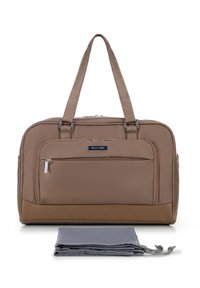 Borsa da viaggio in nylon marrone con superficie texture, doppio manico, tasca con zip frontale e una pochette rimovibile in tessuto grigio sul fondo.