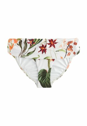 Blomstrande bikiniunderdel med vit bas, prydd med levande röda och orange blommor, gröna blad och en rynkad midja för en samlad effekt.