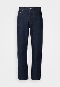 Mørkeblå denim jeans med rett ben-design, med fem lommer, knappelukking og diskrete sømdetaljer.