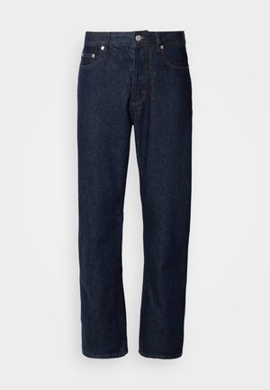 Dark blue denim jeans with a straight-leg design, featuring five pockets, a button closure, and subtle stitching accents.