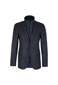 Marynarka z wełną, w ciemnoniebieski wzór houndstooth, z pikowaną wewnętrzną warstwą na zamek, klapami oraz dwoma bocznymi kieszeniami.