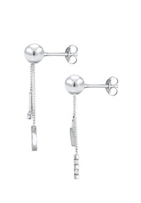 Pendientes de plata con un diseño esférico suave, que cuentan con una larga cadena y acentos circulares, mostrando un aspecto moderno y elegante.