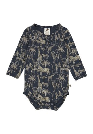 Długorękawowy bodysuit w kolorze granatowym, zdobiony nadrukiem w słonie, żyrafy, zebry i palmy w kolorze beżowym. Zapięcie na guziki przy dekolcie.