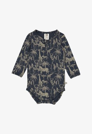 Dlouhý rukáv námořnický bodysuit s potiskem slonů, žiraf, zebra a palem v béžové barvě. Knoflíková léga na výstřihu.