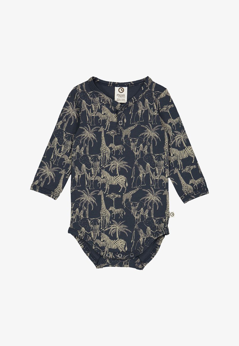 Długorękawowy bodysuit w kolorze granatowym, zdobiony nadrukiem w słonie, żyrafy, zebry i palmy w kolorze beżowym. Zapięcie na guziki przy dekolcie.