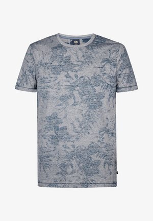 Lyhythihainen t-paita vaaleanharmaana, jossa on sininen kukkakuosi, pyöreä pääntie, pehmeä rakenne ja huolitellut saumat viimeistellyn ilmeen saavuttamiseksi.