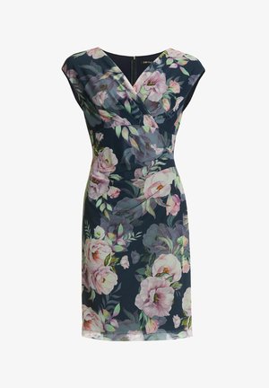 Kukkakuvioinen mekko, jossa laivastonsininen tausta ja vaaleanpunaisia sekä vihreitä ruusuja. V-kaula-aukko, lyhyet hihat ja vyötärön yksityiskohta. Takana vetoketjukiinnitys.