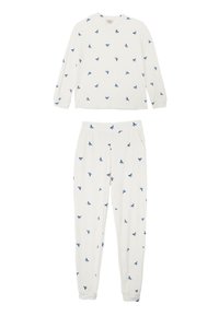 Conjunto de pijama blanco que incluye un top de manga larga y pantalones, ambos decorados con un patrón de lazos azules. Tejido suave con cintura elástica.