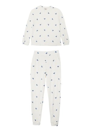 Weißes Pyjama-Set mit langärmeligem Oberteil und Hose, beide mit einem Muster aus blauen Schleifen verziert. Weicher Stoff mit elastischem Bund.