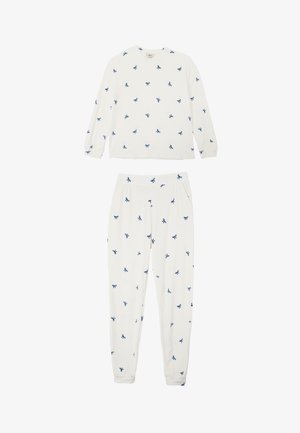 Weißes Pyjama-Set mit langärmeligem Oberteil und Hose, beide mit einem Muster aus blauen Schleifen verziert. Weicher Stoff mit elastischem Bund.