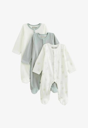 Trois pyjamas pour bébés : un blanc avec des motifs d'animaux, un gris clair et un crème. Tous comportent des manches longues et des pressions.