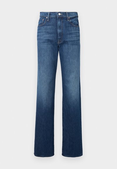 Denim kavbojke v temno modri barvi, z visokim pasom, naravnim krojem hlač in gumbnim zapiranjem, ter z nežnim zbledeljem v predelu kolen.