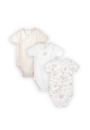 Tre body per neonati a manica corta con chiusure a scatto stile incrociato in tonalità pesca pastello a righe, bianco panna con coniglietto e bianco con stampa floreale.