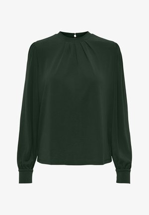 Mörkgrön långärmad blus med hög hals, plisserade detaljer fram och elastiska ärmslut. Slät tyg med en avslappnad passform.