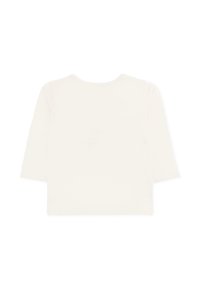 Bawełniana bluzka z długim rękawem w kolorze off-white, z okrągłym dekoltem i brzegiem. Gładka tekstura bez widocznych wzorów czy detali metalowych.
