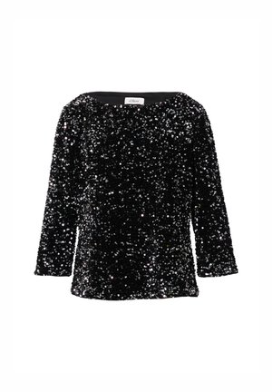 Top en sequins noirs avec un col rond, des manches trois-quarts et une doublure intérieure lisse, offrant une texture scintillante sur l'ensemble.