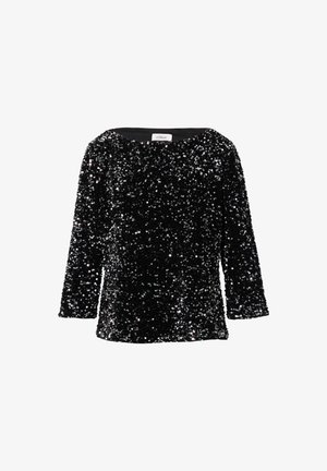 Black sequined top with a round neckline, three-quarter sleeves, and a smooth inner lining, featuring an all-over shimmering texture.