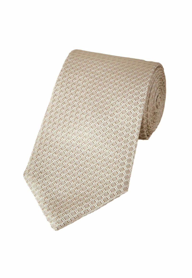 Béžová kravata s textúrovaným diamantovým vzorom, vyrobená z tkaniny. Má špicatý koniec a je pekne zvinutá na vystavenie.