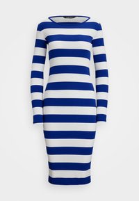 Μπλε και λευκή ριγέ μακρυμάνικη φόρεμα με εφαρμοστή σιλουέτα, στρογγυλή λαιμόκοψη και ριγωτή υφή, φτάνοντας μέχρι το μέσο της γάμπας.