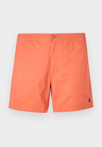 Coral orange swim shorts, made of lightweight fabric, featuring an elastic waistband with a button, side pockets, and a small navy logo.