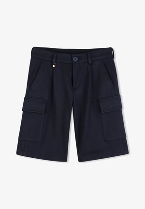 Marineblauwe cargoshorts met een ritssluiting, voor- en zijzakken, en een gladde textuur. De stof is stevig en geschikt voor casual gebruik.