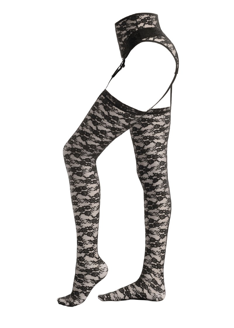 Black lace hosiery with a floral pattern, attached to a garter at the top, features a sheer texture and is designed to cover the leg up to the thigh.