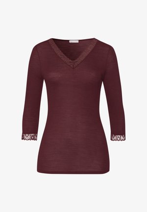 Bordeaux lange mouw top met een geribbelde textuur, V-hals met kantafwerking en kantaccenten op de mouwen.