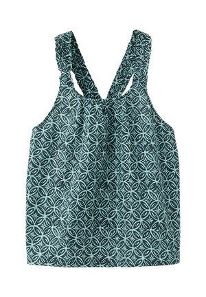 Robe sans manches pour tout-petit avec bretelles volantées, en tissu vert foncé orné de motifs floraux circulaires bleu clair.
