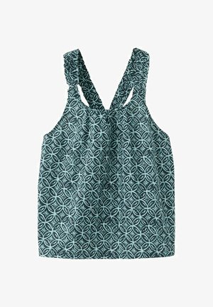 Rochiță fără mâneci pentru copii mici, cu bretele cu volane pe umeri, realizată dintr-un material verde închis decorat cu motive florale circulare albastre deschise.