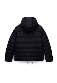 Schwarze Steppjacke mit Kapuze, langen Ärmeln und verstellbaren Kordeln am Saum, von hinten auf weißem Hintergrund gezeigt.