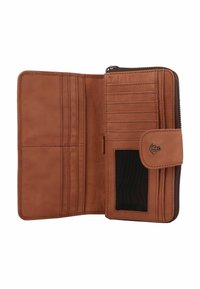 Interno di un portafoglio in pelle marrone con slot per carte di credito, una tasca per le monete e un portacarte d'identità trasparente. Include una chiusura a zip e un'emblema ad ancora.