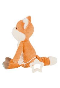 Soft orange fox plush toy with corduroy texture, white fluffy accents, and a star-shaped tag attached to its back. Brown and soft blue feet.