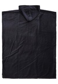 Svart huva poncho-handduk med en slät textur, som har en enkel design utan synliga mönster eller hårdvara. Enhetlig, solid färg genom hela.